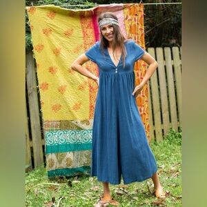 NATURAL LIFE Indigo Blue V-Neck Wide-Leg Jumpsuit